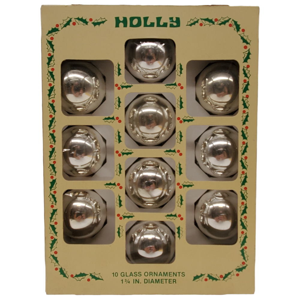 Vintage Holly Glass Ball Christmas Tree Ornaments Box of 10 Silver Original Box